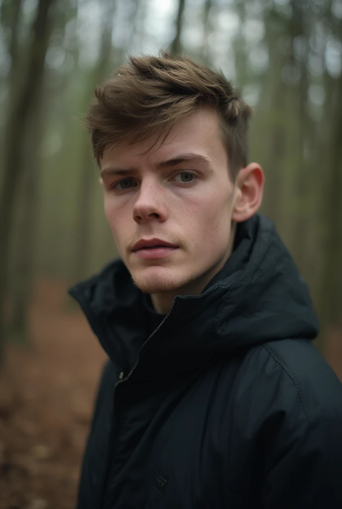 ((amateur filming)), shot on iPhone, boy in the woods 25 years old, soft cheekbones ,  cheeks , sunken jaw and face, у него нет скул и potato nose,   Brown hair,  clean-shaven ,  black jacket ,  Looking at the camera , potato nose