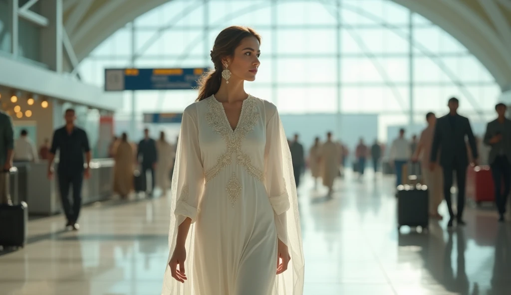 a beautiful female walking on airport in pakistani white color dressing 