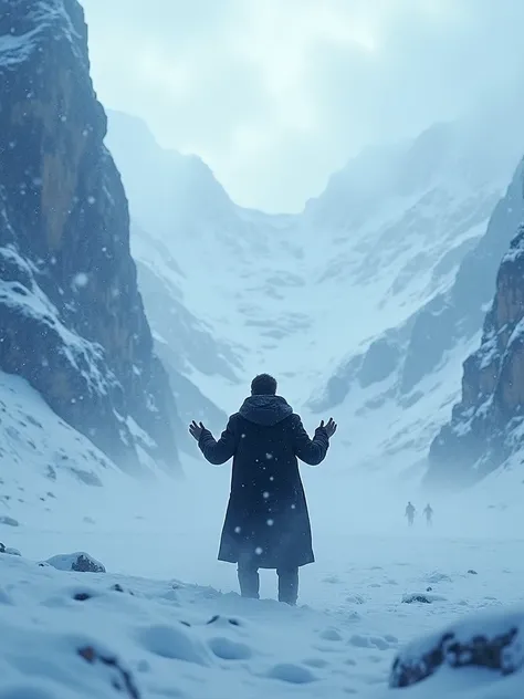 Snowy mountains in a blizzard。 back view of a man in a black coat raising his hands。A long shot。The entire screen is filled with blue light and ice crystals。