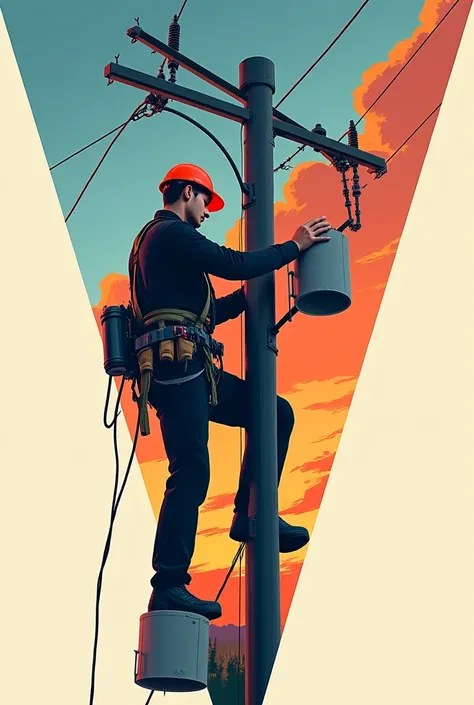 I want a guy, no beard, only in black, telecommunications technician with harness and tools on a pole, triangular, colored drawing 