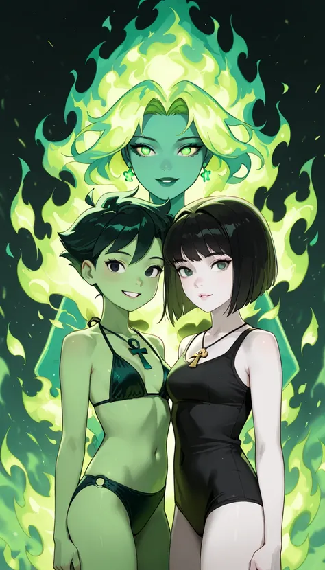 green woman, woman with green skin, woman made of fire, hair made of green fire, wearing a bikini made of green fire, side by side with another very white gothic woman with pale skin and black hair, wearing a black tank top and ankh necklace, black eyes an...