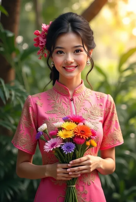 Beautiful Indonesian woman wearing pink kebaya while standing carrying a bunch of flowers