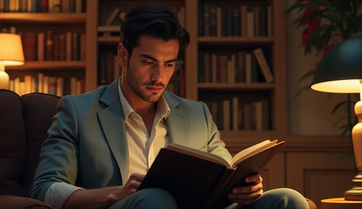 a focused man reading a book in a cozy, well-lit room, deeply engaged in learning. 
