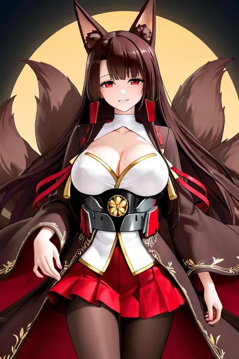 Akagi, azur lane, Girl alone,  fox ears , nine tails,  long dark brown hair ,  crimson red eyes, dark brown wide-sleeve robe,  white blouse,  belt with an emblem,  yellow ornaments , red ornaments, red miniskirt, dark brown tights,  mischievous smile,  gla...