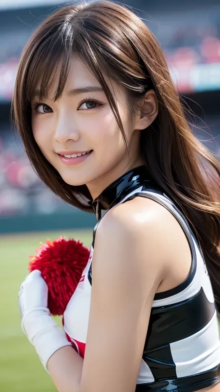 (((   Latex Sleeveless Cheerleader Costume ))),((( With pom-poms ))),,((( clave cutout ))),(((fist　pump))),,   ulzzang-6500-v1   .1, (  RAW photo :1.2), ( Photo realistic :1.4),   Beautiful and Delicate Woman   ,   very detailedなeyeと顔,  beautiful detailed ...