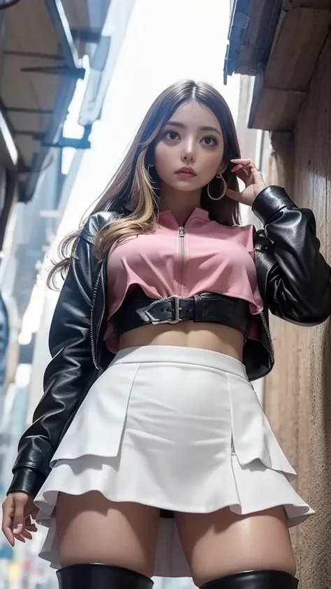 (( Viewpoint from directly below:1.2))、((layer skirt:1.2))、pull half zip leather jacket、(thigh-high:1.3 Heel Boots )、 straight medium hair 、 blond hair、 Natural Wave 、Medium breast、 skinny body、Earrings、 standing leaning against a wall、 gaze to God、random ...