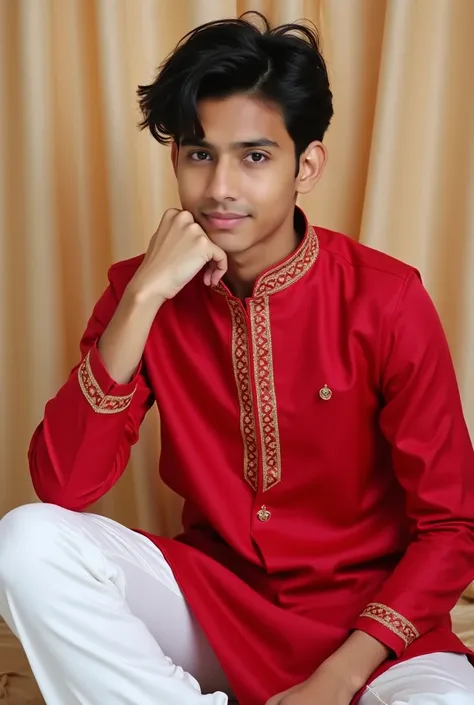 An 18-year-old tall age boy with an average body figure, normal BMI, and a face combining oval and square shapes with an angular jaw and normal length with wavy, slightly messy black hair, wearing a traditional red kurta with intricate embroidery and small...