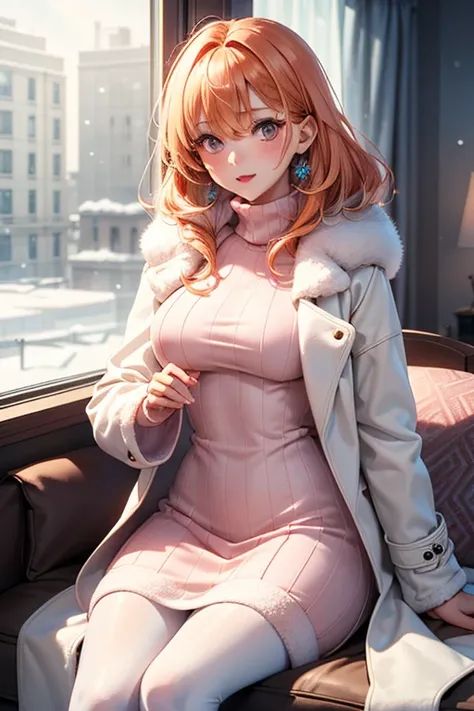 One girl, Light orange hair, with different irises in the eyes (amber pink), Wear a milky white faux fur long coat,winter turtleneck long dress, white tights,Light pink lip, Snow Scenery , hotel,blanket, cushion,