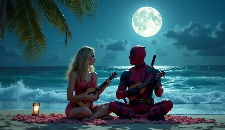 2. Moonlit Beach (Tropical Island)
Waves crash gently as Deadpool and Supergirl sit on the sand, watching the moon reflect off the ocean. Deadpool, wearing ridiculous Hawaiian shorts, holds up a ukulele.

Deadpool: "I wrote you a song. It’s called ‘You’re ...