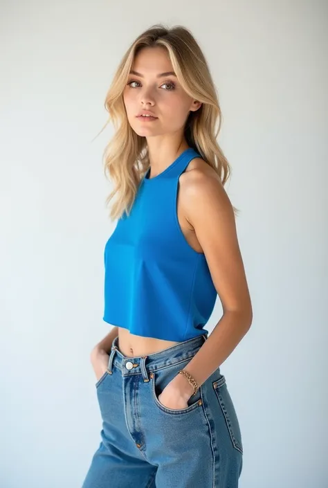 Girl 25 years old, blonde with brown eyes, skinny body, wearing a blue top and blue oversized jeans, photo shoot in a photo studio on a white background.