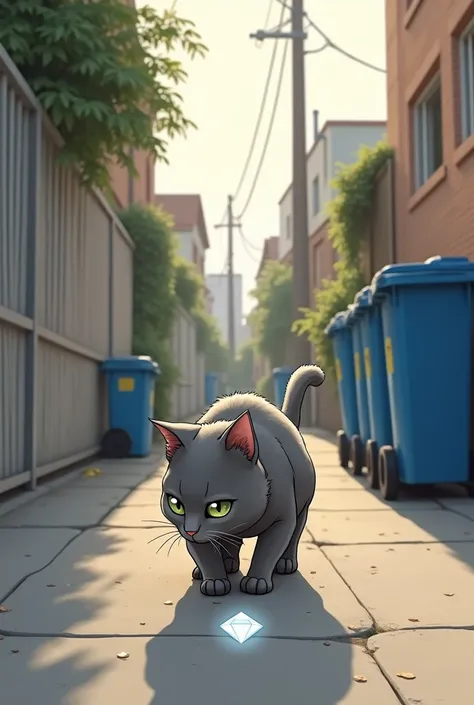 " Draw a picture of a short gray English cat with drooping ears ,  walking in a narrow alley .  Cat looking down at a white diamond , slightly reflecting light ,  lying on the concrete pavement .  Alley without trees or sidewalks ,  with blue trash cans cl...