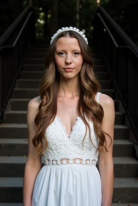 Captured at eye-level on a low-angle shot, a woman dressed in a white dress, adorned with a headband, stands in front of a backdrop of stairs. The woman's hair is long and cascades over her shoulders, framing her face. Her dress is adorned with white embro...