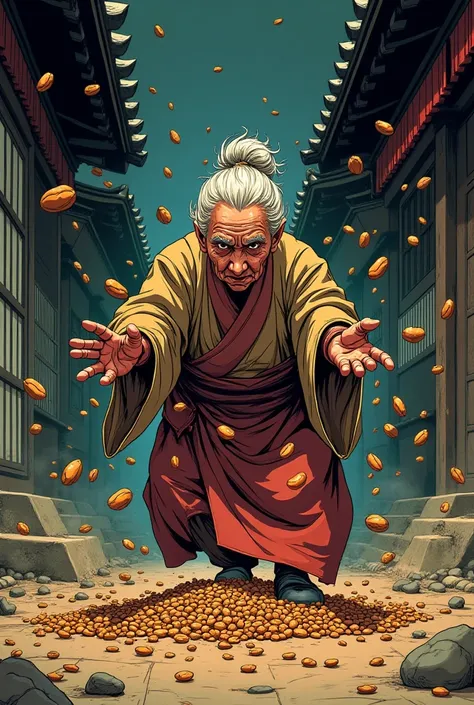 An illustration image of the Setsubun bean scattering。It looks like the old woman hits the devil with all her might。With a manga Taro style touch