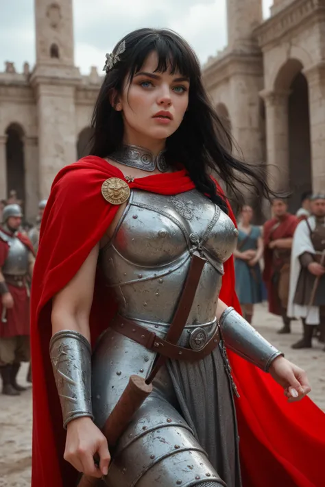  Sexy girl with grunge style black hair and bangs,  blue eyes,  long hair, Sexy ancient Roman warrior dress, in a battle , Spain, with red cape and armor, in a battle, struggling