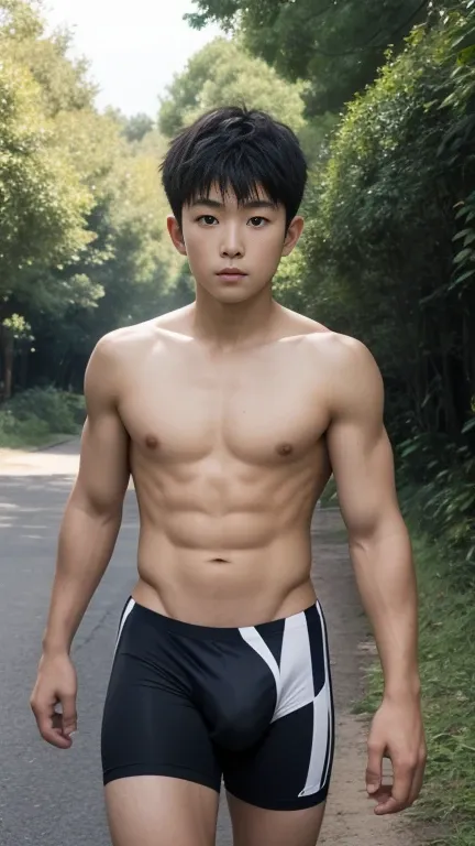  top quality, Masterpiece,Walking along the forest promenade in the early morning, slim and muscular, petite  old Japanese man wearing less clothing, vertical face size 21 , shirtless,Thin tight spats, large crotch bulge, realism 