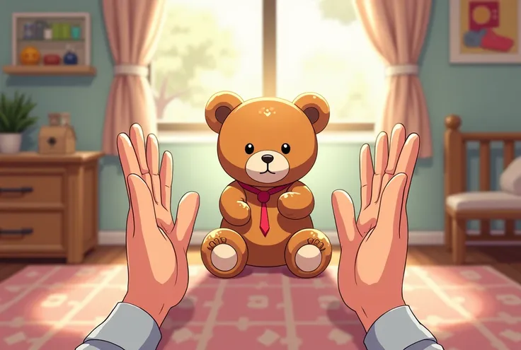 ren's room, score_9, score_8_up, score_7_up, source_anime, flat color, lineart, wind-up key turns on a teddy bear, two hands clap their hands in the first person