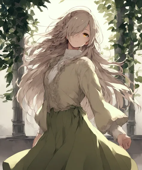 male、平たい胸、 boy、Mid-Long Hair、Sharp golden eyes、 Height、olive green long skirt、hair over one eye、White turtleneck、solo、Simple background、 olive green cardigan、male的、french lace braid、 cream colored hair、Standing、Well-built、upper body