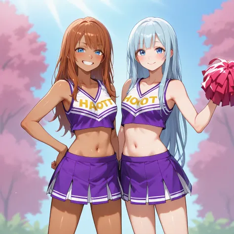 Smiling cheerful suntanned cheerleader highschool student with very long down loose hair down to her hips and blue eyes in a school yard on a hot sunny summer day 