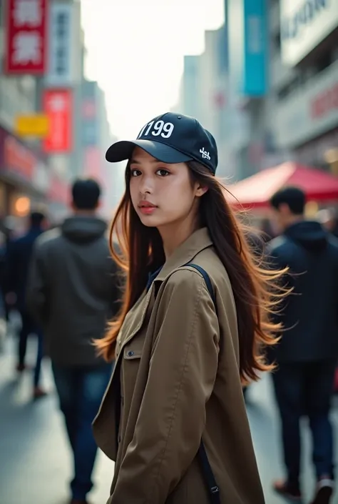 make her pretty as fuck and use a cap "1199" written on it, walking around a lot of people in seol, korea, best graphics, 4k, leica authentic, long exposure