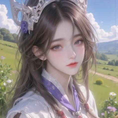  A female character wearing a Nakahara frontier prairie tribal style costume， Dress with characteristics of the Grassland nomadic people 。Black gray long hair ， Eye View ， Forehead Hair ，Partial Hairstyling，Red Rope Decoration ， Light Purple Eyelet ， Skin ...