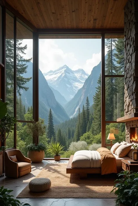 Create a mountain resort room with a theme of Forest Sanctuary