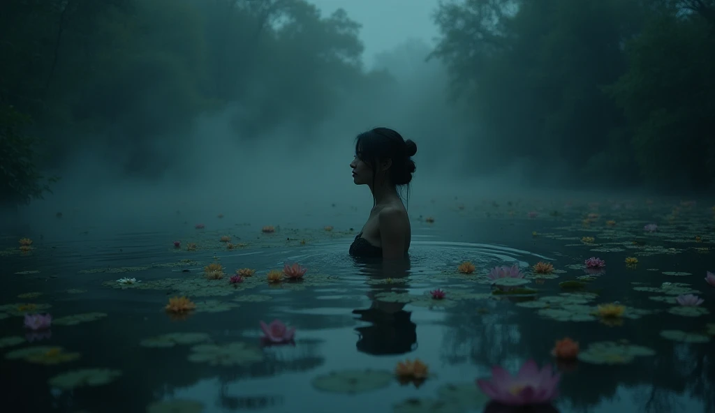 professional photo, far view of woman soaking in a flower pond with murky water at night, fog makes visibility limited, dark, at night, detail