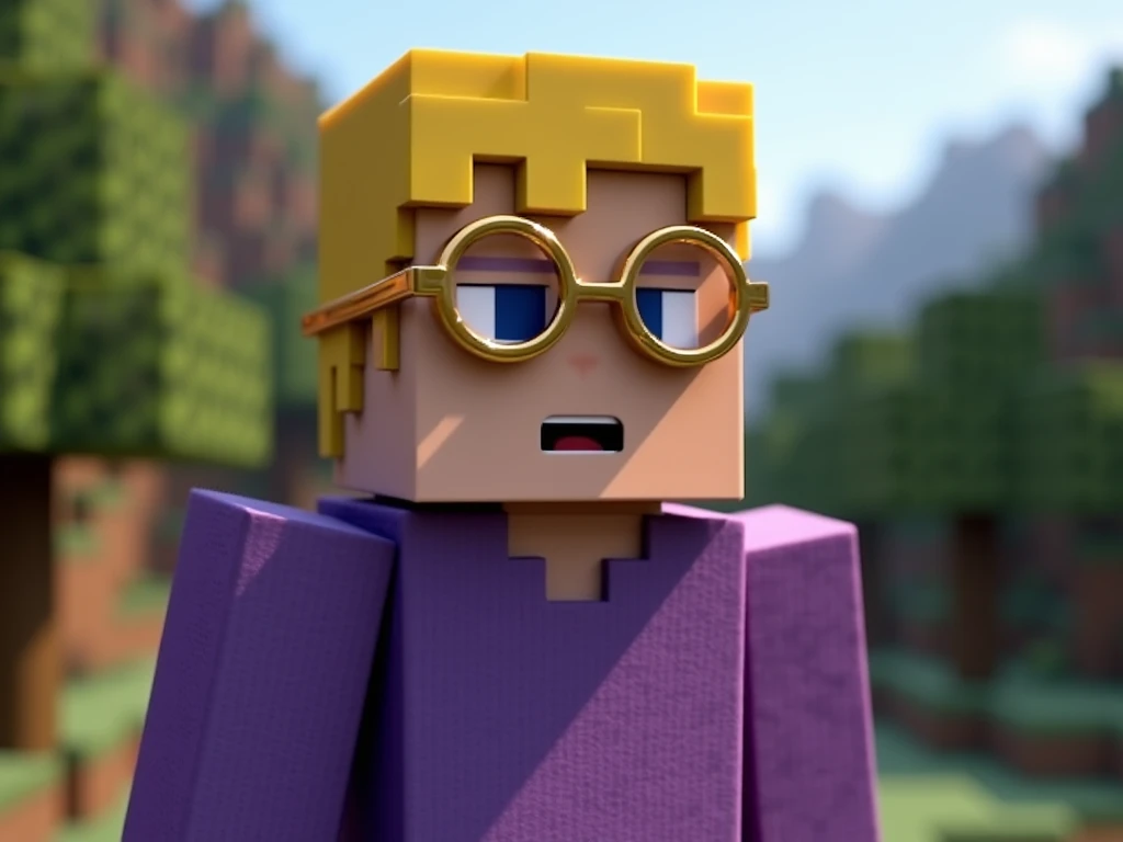 Genre me a Minecraft man with a purple sweater , blond hair and round gold-colored glasses , In Minecraft style 