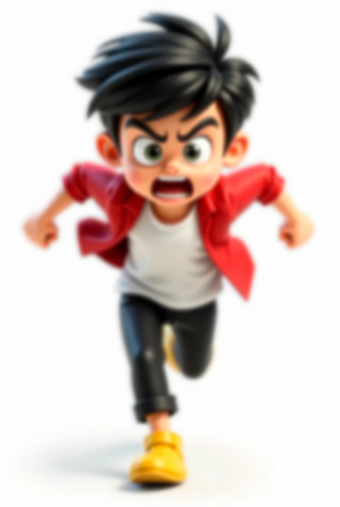 The design showcases a full-body front view of a cool and cute boy with short black hair and an adventurous face. He wears a white t-shirt, a red jacket, black pants, and yellow loafers, depicted in the midst of running at full speed with an expression of ...