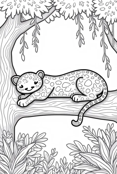 A cute, sleepy leopard with soft, rounded spots and big, sparkling eyes lounges on a thick tree branch. Its tail hangs down, swaying slightly. The background features a dense jungle with leafy trees, hanging vines, and exotic flowers. A few birds chirp in ...