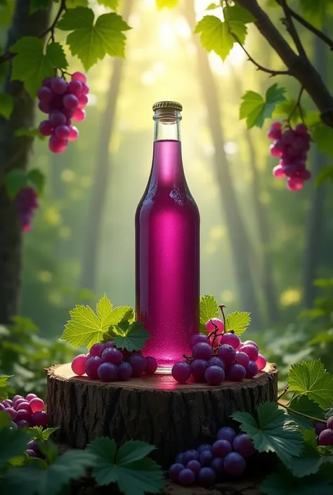 A beautifully designed bottle of fresh grape juice standing on a rustic wooden podium in the heart of a lush, enchanted forest. The deep purple liquid inside the bottle glows under the soft, dappled sunlight filtering through the tall trees. Surrounding th...