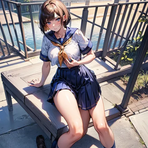 (((perfect anatomy, anatomically correct, super detailed skin))), 1 girl, japanese, high school girl, shiny skin, watching the viewer, 
beautiful hair, beautiful face, beautiful detailed eyes, (short hair:1.1, bob cut:1.2), dark blonde hair:1, blue eyes, b...