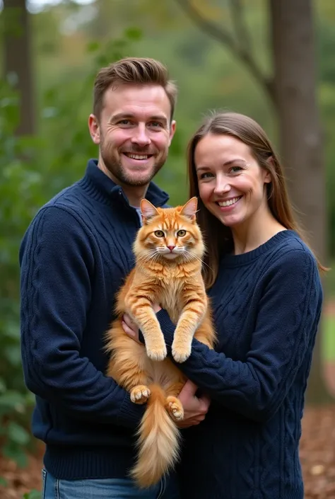  Create a family consisting of :  a couple standing outdoors in a green, forested area. Both are wearing matching dark blue, cable-knit sweaters. The woman is holding an orange, fluffy cat that is facing the camera with a slightly serious expression. The c...