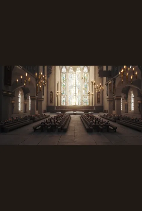 Generate an image of Harry Potter's Great Hall. Make it look realistic and photo-realistic. Add lit candles floating around the bottom of the ceiling.