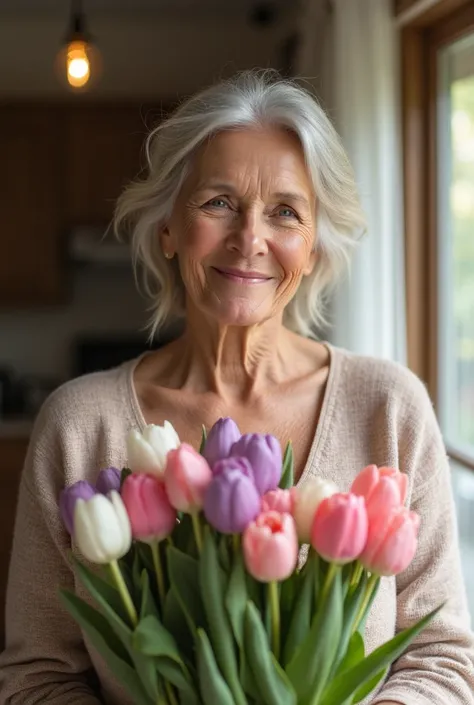 "Realistic image of a 50-year-old woman,  holding a bouquet of colorful tulips . She has a calm , , a gentle smile and a peaceful facial expression ,  radiating warmth and comfort .  Woman dressed in a cozy ,  soft sweater or blouse ,  reflecting a homely ...