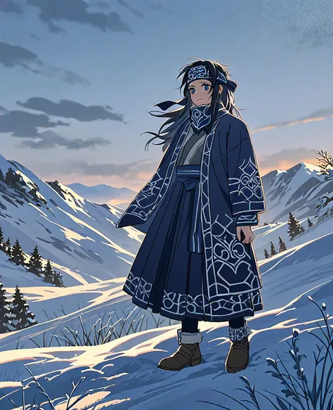 A girl who looks like an Ainu boy alone in a snowy landscape