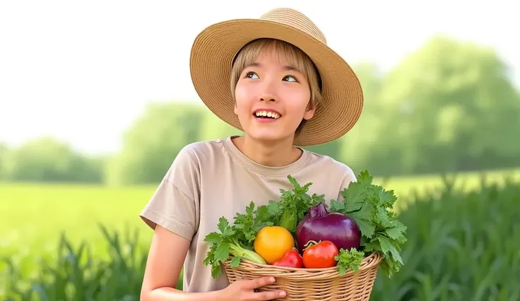 A fair-skinned woman with light blonde hair and blue-green eyes. She is wearing a straw hat. She is smiling and holding a full basket of vegetables., illustration, product