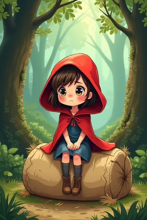 Create a cartoon-style image for a , red riding hood sits on a sad hemp