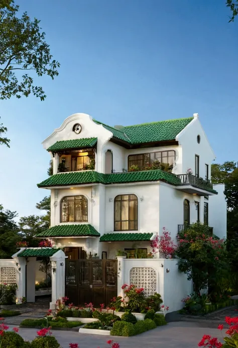 Raw photo,Masterpiece, high quality, best quality, authentic, super detail, exterior, outdoors, house style indochine, Many bougainvilleas along the road ,aiaigroup road,pavement, grass, trees, sky, cloud, (day:1.1), vivid colour ((green tile roof:1.3))