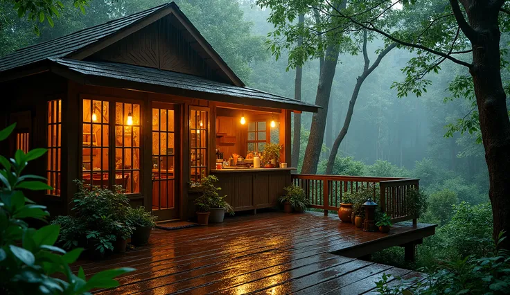  a charming, rustic wooden kitchen nestled in the heart of a dense forest, with soft, golden light glowing warmly from large windows and hanging lanterns. The lush greenery surrounding the kitchen appears freshly soaked, with droplets clinging to leaves an...