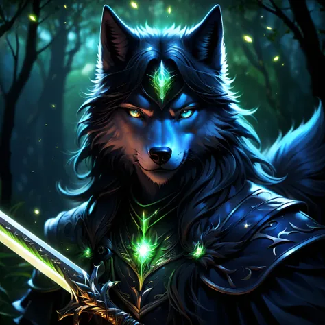 sword with eyes on it, fantasy, dark theme, fireflies, anime, cool, badass, 9k, hd, unreal engine, aura, guarded by a 3 head-wolf, magic