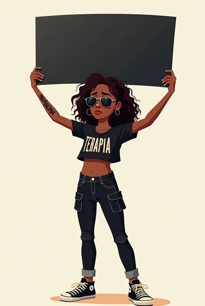 creates a cartoon image of a sad, dark-skinned, tall young woman with sunglasses, holding up a large black placard with the words TERAPIA written on her left arm, wearing a black shirt with a marijona design, and black pants with pockets on the sides, wear...