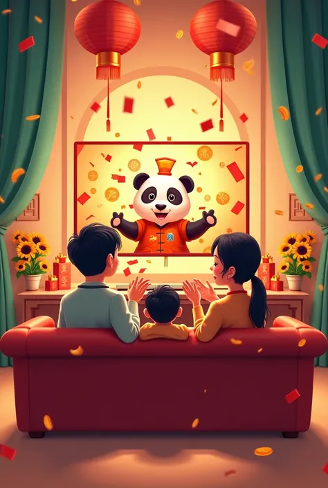  This is a vibrant digital illustration ， of a family of four sitting on a luxurious red sofa， facing a large flat screen TV 。 The ，The tones are warm and pastel。 The TV screen showed a vivid cartoon scene ， There is a panda character ， ， wearing a fortune...