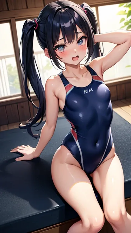 ( top quality)), (( Masterpiece)), (  Details), 一人の14歳の beautiful woman， very sexy，(((Small Breasts 1.5,1 piece navy blue competitive swimsuit))), beautiful blonde woman ,
 beautiful woman，Beautiful little face， beautiful alignment of teeth， It's a beautif...