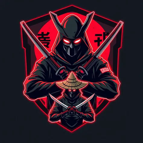 
1. "A fierce cyber ninja wearing a sharp, angular hat, gripping dual katanas, with glowing red eyes. The background features a bold shield design with Japanese kanji symbols, blending a dark and fiery red theme."


2. "A masked samurai warrior in a futuri...