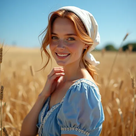 Photorealistic picture, sharp focus. featuring a beautiful british woman in a midsummer hayfield. She is striking a modelling pose for the camera. (Dynamic camera angle:1.5) She has a Happy smile. she's with brown eyes, downturned eye shape. She has reddis...