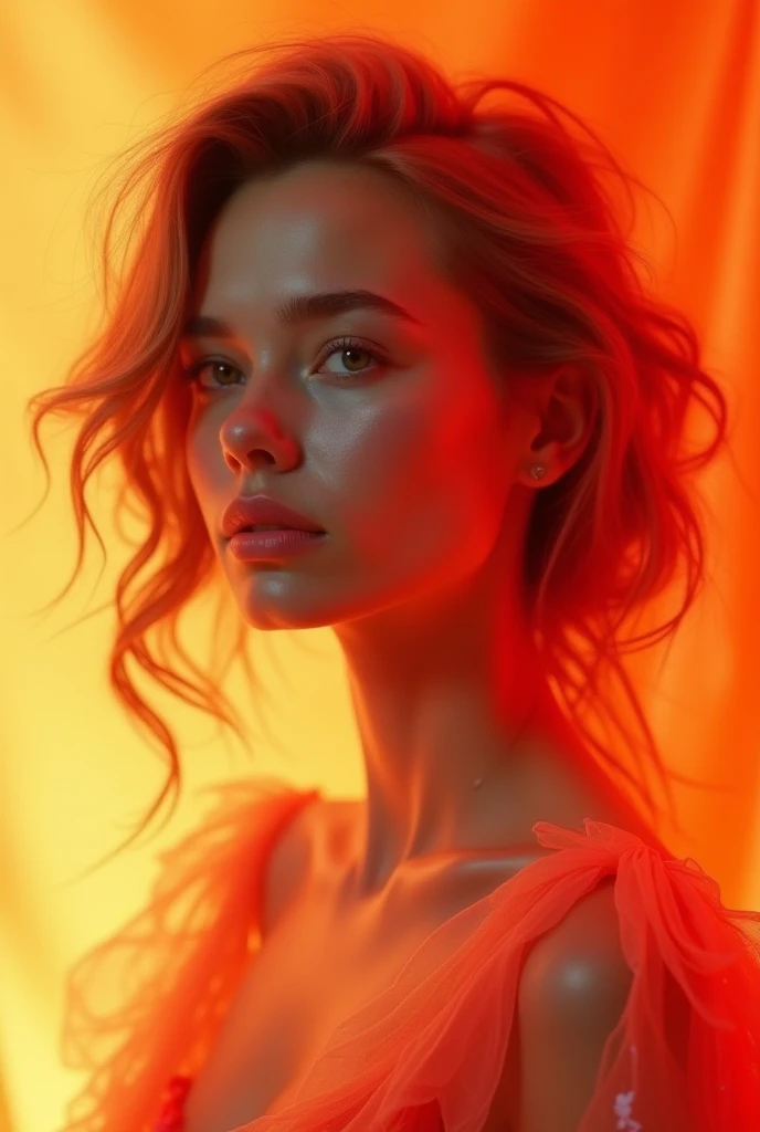 abstract,  warm color palette, female figure,  predominant colors red-yellow, Surreal Effect, contemporary portrait, overlapping visual elements ,  Gradient , Smooth, realistic and more human focus 