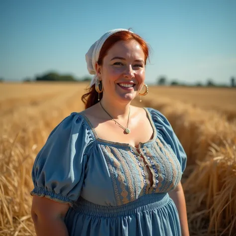 Photorealistic picture, sharp focus. featuring a plump mature curvy beautiful british woman with big boobs 50 plus size in a midsummer hayfield. She is striking a modelling pose for the camera. (Dynamic camera angle:1.5) She has a Happy smile. she's with b...