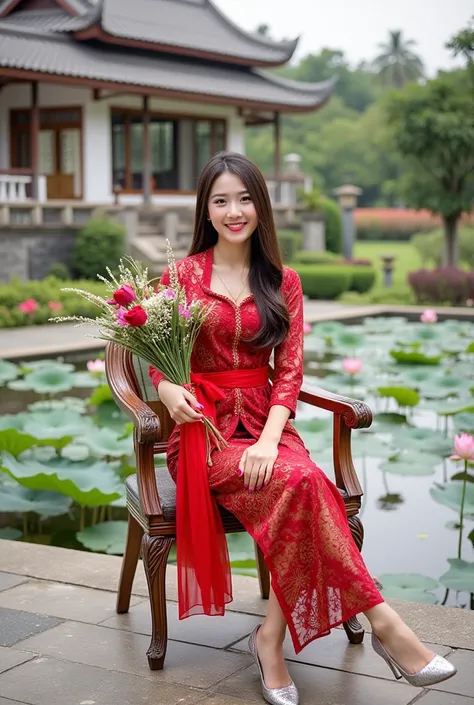 Full body photo shoot overall realistic photo of a smiling Korean beauty posing sitting near a lotus pond there is a fish pond gracefully on a carved chair looking slop brand cabelo haira holding a bouquet of bungga with hand nails clearly visible red colo...