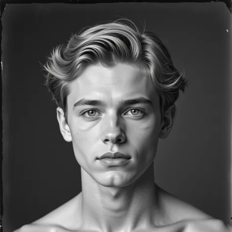 (super detailed, top quality), photo of the most beautiful boy in the world, old black and white photo, vintage atmosphere, Three-quarter view, artistic beauty, everyone will not be able to take their eyes off it, realistic: 1.3, head to shoulder pose, wav...