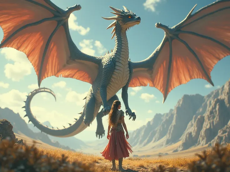 A picture of a girl standing tall, surrounded by a flying dragon.